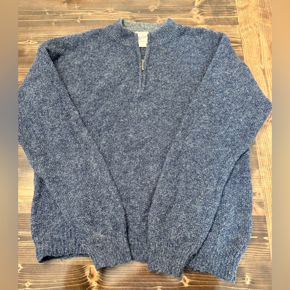 Vintage Woolrich Men's Heathered Blue Three Quarter Zip Wool Sweater‎ Size L